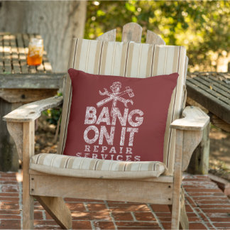 Bang On It Repair Services White Gfx Dark Red BG Outdoor Pillow