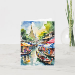 Bangkok Floating Market Thailand Watercolor Card