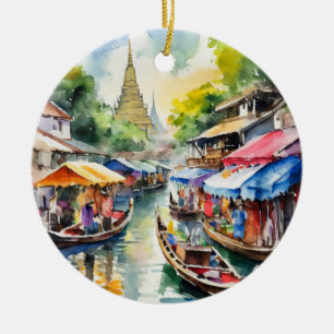 Bangkok Floating Market Thailand Watercolor Ceramic Ornament