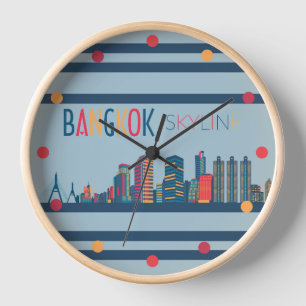 Bangkok Skyline Neon Orange Blue Red Wall Clock