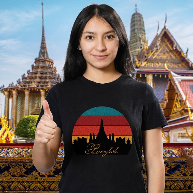 Bangkok Temple Retro Travel Black T-Shirt (Bangkok, black t-shirt for women)