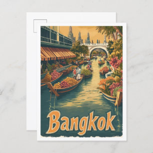 Bangkok Thailand Art Vintage Travel Illustration Postcard