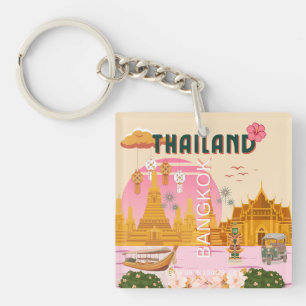 Bangkok Thailand Retro Vintage Travel Poster Keychain