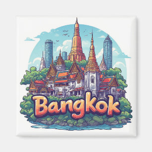 Bangkok Travel Illustration With Golden Temples Magnet