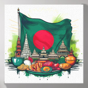 Bangladesh Flag with Landmarks Artistic Design Canvas Photo Tile