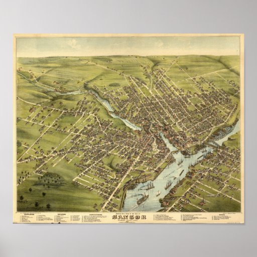 Bangor Maine 1875 Antique Panoramic Map Poster | Zazzle