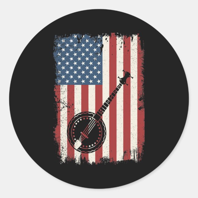 Banjo American Flag Musician Bluegrass Theater Classic Round Sticker (Front)
