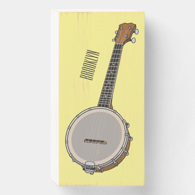 Banjo cartoon illustration  wooden box sign (Front Vertical)