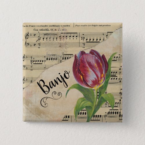 Banjo Elegant Tulip Vintage Sheet Music Button