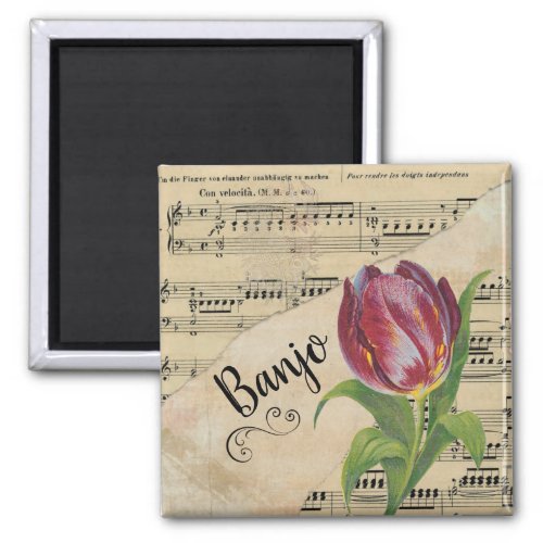 Banjo Elegant Tulip Vintage Sheet Music Square Magnet