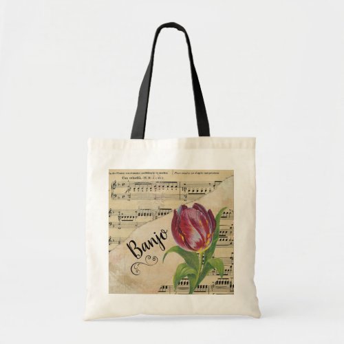 Banjo Elegant Tulip Vintage Sheet Music Tote Bag