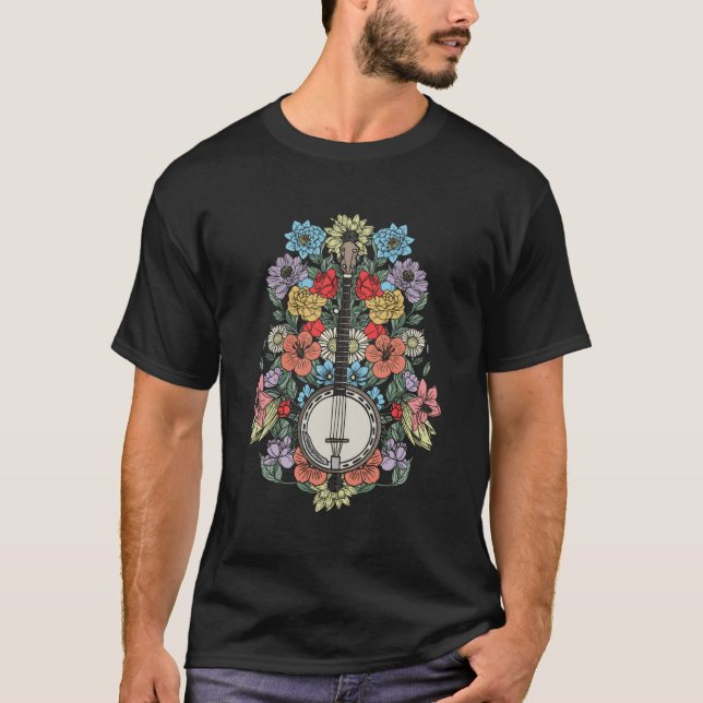 Banjo Flowers Stringed Bluegrass Folk Floral T-Shirt (Front)