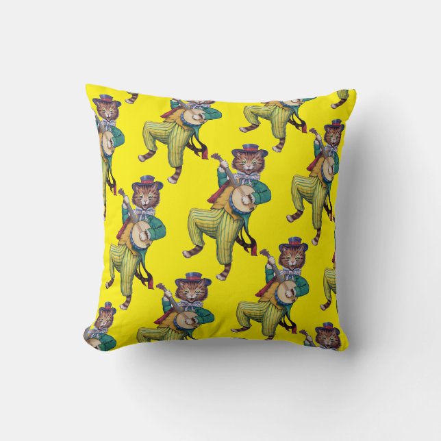 Banjo (Guitar) Player Cat, Louis Wain Throw Pillow (Front)