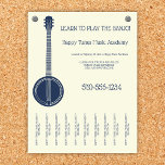 Banjo Lessons Music Teacher Tear Off Strips Flyer<br><div class="desc">Promote your banjo lessons or other music instruction business with this flyer featuring an illustration of a banjo in navy blue with your business details in matching navy blue lettering against a soft cream colored background. Tear off strips at the bottom make this perfect for hanging up on community bulletin...</div>
