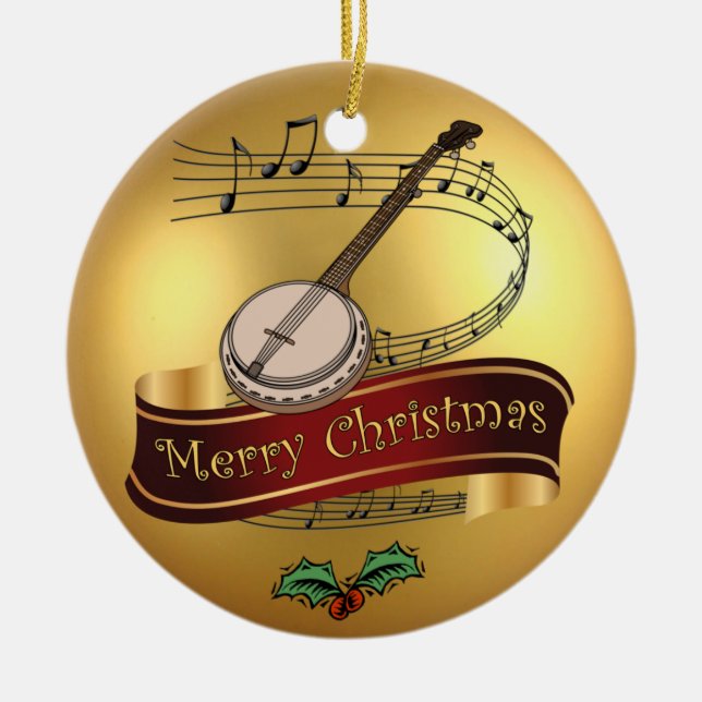 Banjo ~ Musical Scroll ~ Gold Merry Christmas ~ Ceramic Ornament (Front)