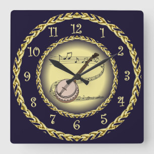 Banjo ~ Musical Scroll ~ Gold/Navy Blue ~  Square Wall Clock