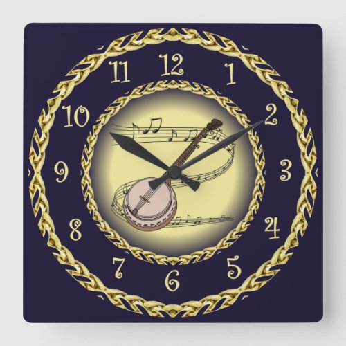 Banjo  Musical Scroll  GoldNavy Blue   Square Wall Clock