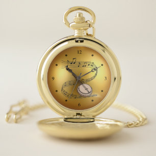 Banjo ~ Musical Scroll ~ Golden Globe Background ~ Pocket Watch