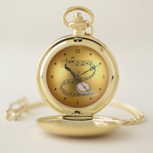 Banjo  Musical Scroll  Golden Globe Background  Pocket Watch