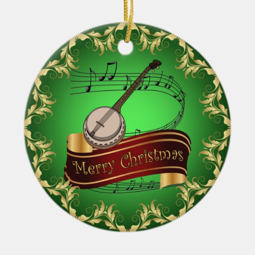 Banjo  Musical Scroll  Merry Christmas     Ceramic Ornament