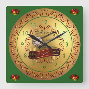 Banjo ~ Musical Scroll ~ “Merry Christmas” Square Wall Clock