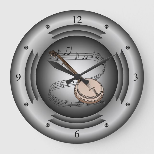 Banjo ~ Musical Scroll ~ Silver Speaker ~ Large Clock (Front)