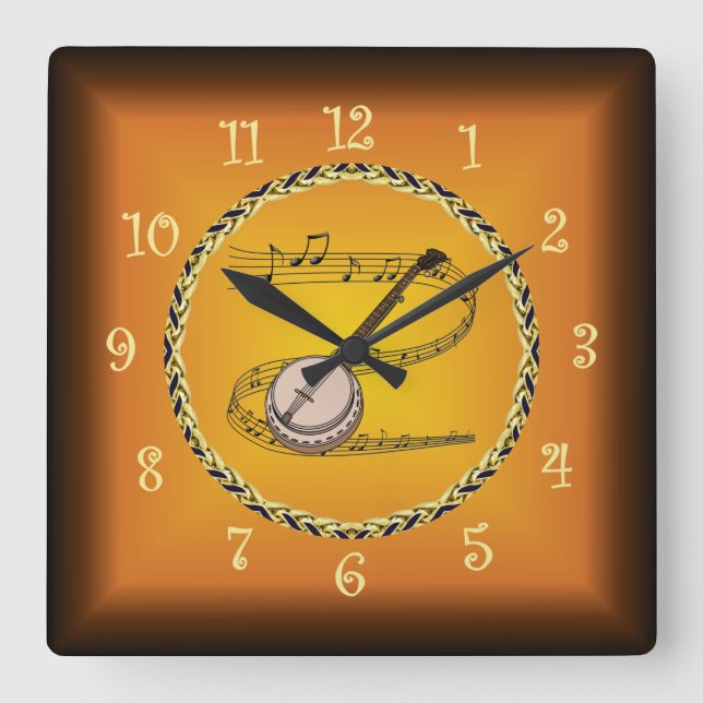 Banjo On Musical Scroll & Russet Orange ~  Square Wall Clock (Front)