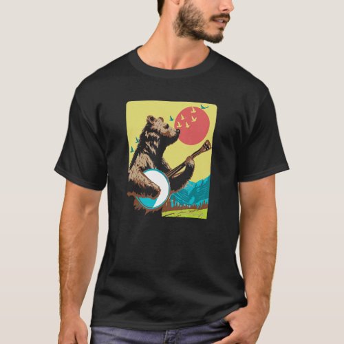 Banjo Pickin Bear Sunset 80s  90s Vibe Graphic T_Shirt