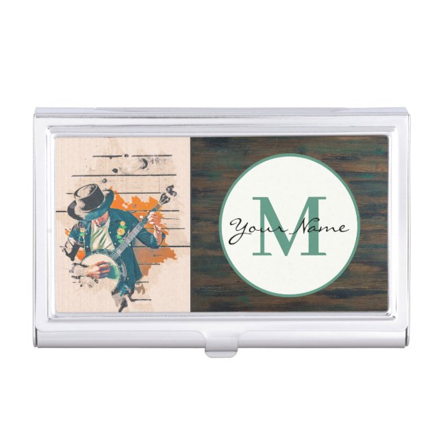 Banjo Player Wood Background Monogram Customized Business Card Case (Front)