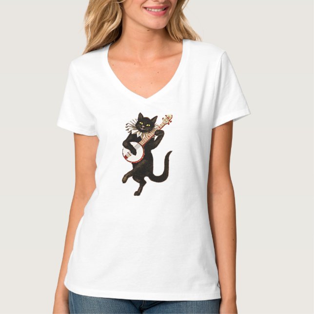 Banjo-Playing Black Cat T-Shirt (Front)