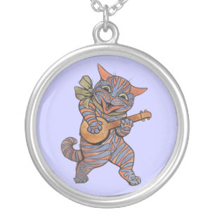 Banjo Playing Cat Silver Plated Necklace