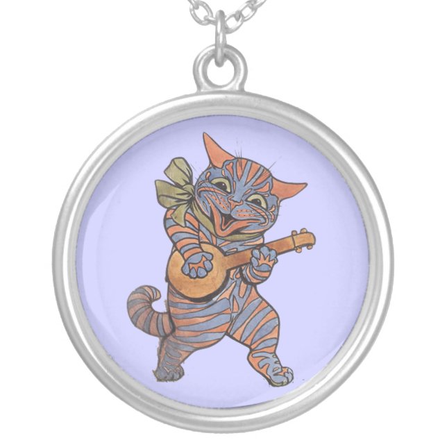 Banjo Playing Cat Silver Plated Necklace (Front)