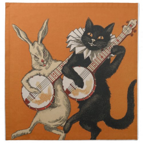 Banjo_Playing Rabbit and Cat _ Vintage Animal Art Napkin