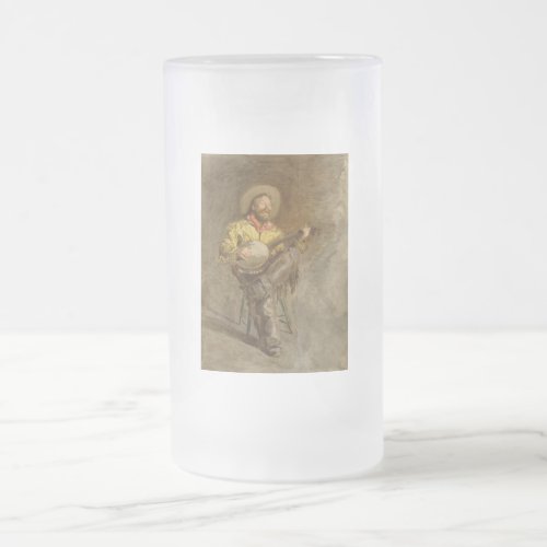 Banjo Playing Ranchero Singing Cowboy in Old West  Frosted Glass Beer Mug