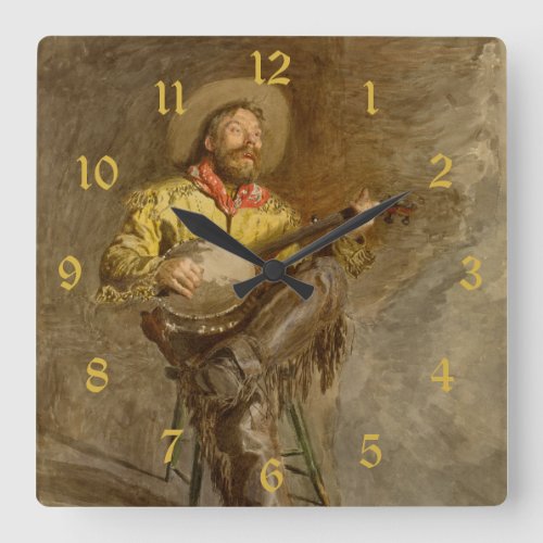 Banjo Playing Ranchero Singing Cowboy in Old West  Square Wall Clock