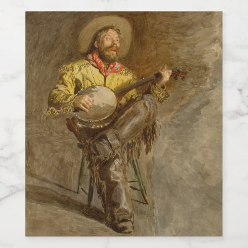 Banjo Playing Ranchero Singing Cowboy in Old West  Wine Label