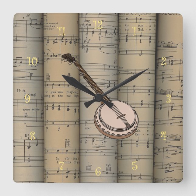 Banjo ~ Rolled Sheet Music Background ~ Musical Square Wall Clock (Front)