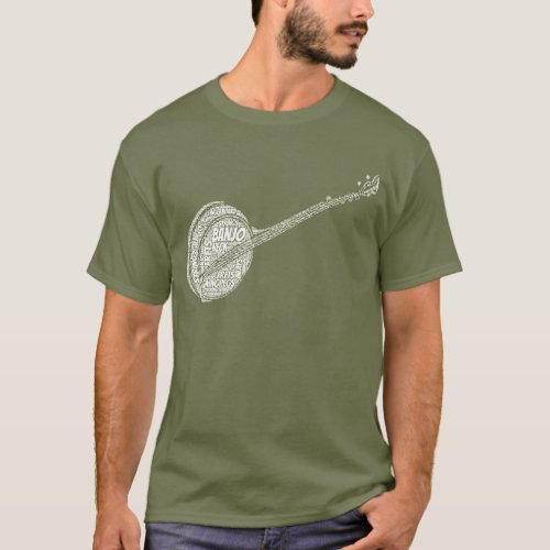 Banjo Shaped Word Art White Text T_Shirt