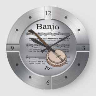Banjo ~ Sheet Music ~ Brushed Silver Color ~ Large Clock