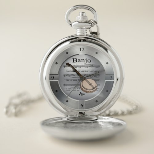 Banjo  Sheet Music  Brushed Silver Color  Pocket Watch