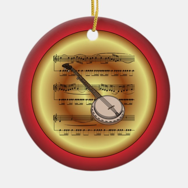 Banjo ~ Sheet Music ~ Red/Green/Gold ~ Christmas ~ Ceramic Ornament (Front)