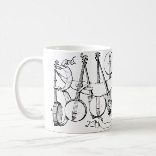 banjo spelled with banjos illustration art  coffee mug