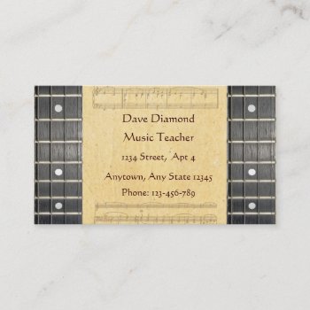 Banjo Strings Fretboard Sheet Music Business Card, ideal for those in the music industry such as music teachers, musicians, promoters or any music lover. Customizable.
