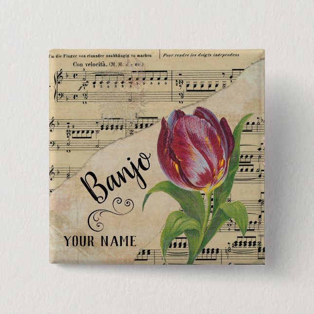 Banjo Tulip Vintage Sheet Music Customized Button (Front)