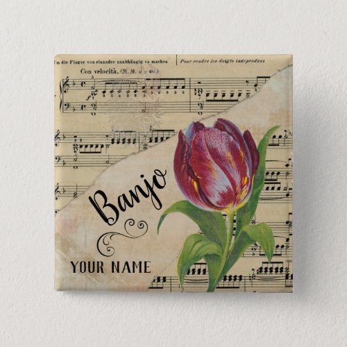 Banjo Tulip Vintage Sheet Music Customized Square Button