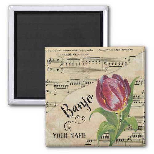 Banjo Tulip Vintage Sheet Music Customized Square Magnet