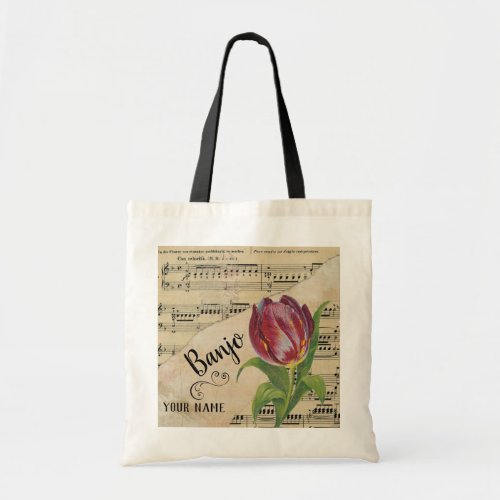 Banjo Tulip Vintage Sheet Music Customized Tote Bag