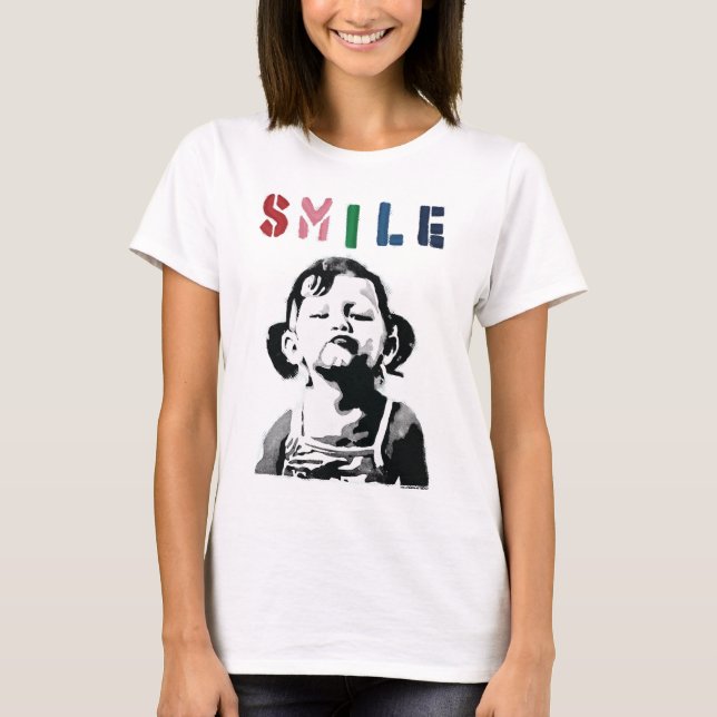 Banksy graffiti Quote SMILE with girl not smiling  T-Shirt (Front)