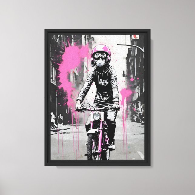 Banksy Style Pink Helmet Girl on Bike Canvas Print (Front)