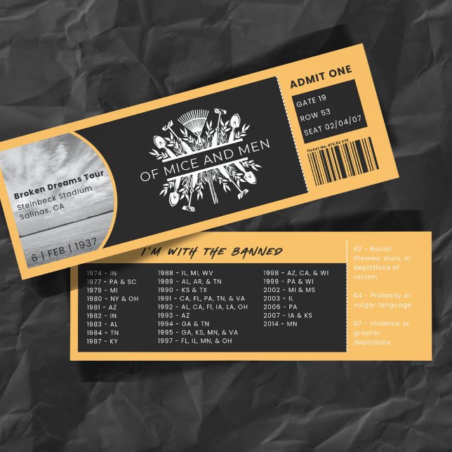 Banned Book Concert Ticket Of Mice & Men Bookmarks (Creator Uploaded)